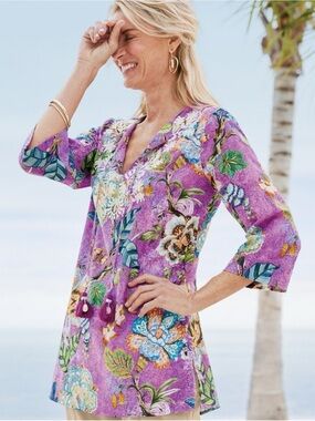 Soft Surroundings Selma Tunic Siesta Garden Multi Purple Floral Boho Top XL NWOT